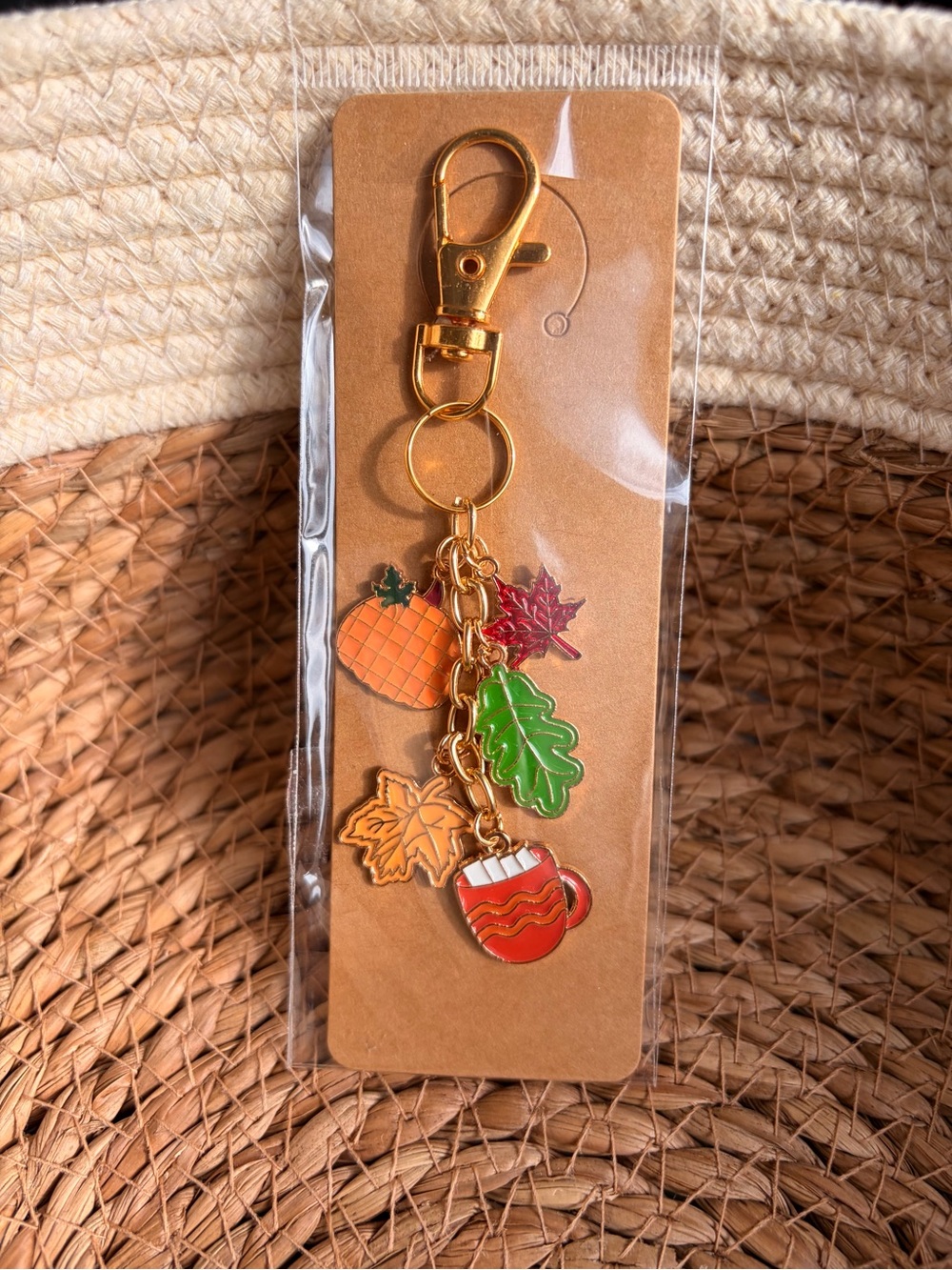 Cozy Fall Hot Cocoa & Leaf Charm Keychain - Women’s Accessories - Gold Hardware